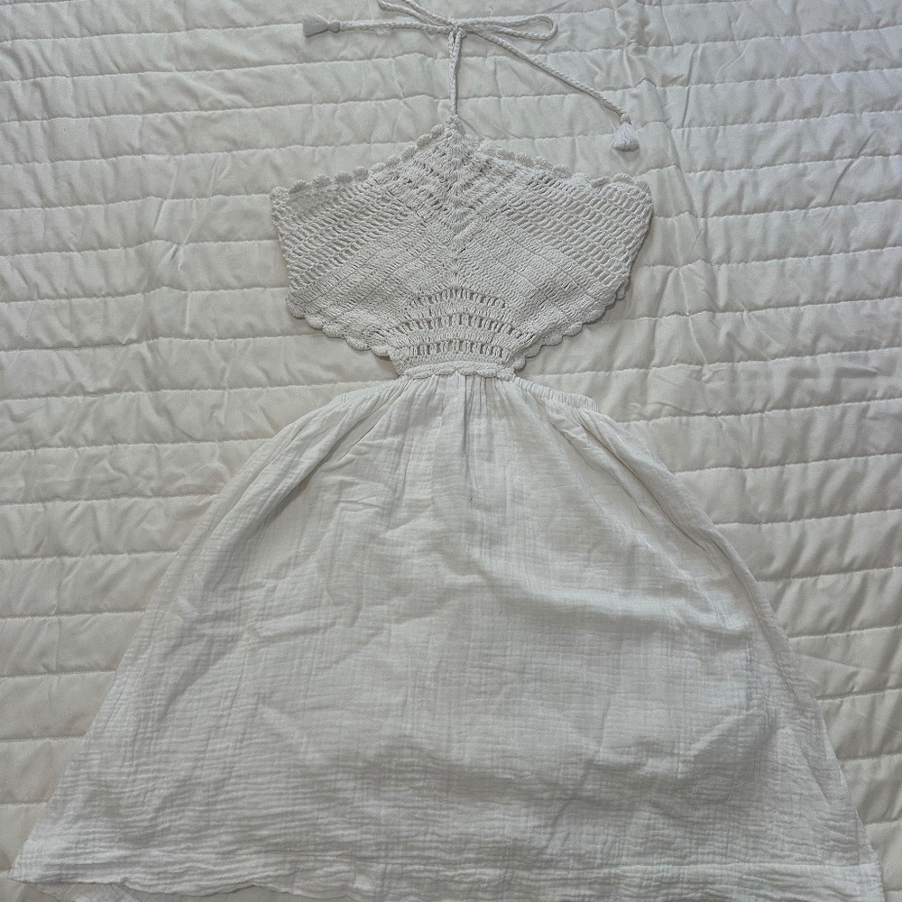 Aerie White Crochet Halter-top Mini Dress with Cut-outs